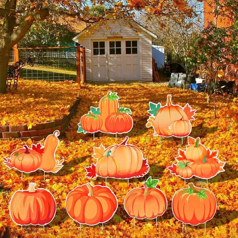 PhyLence 9-Pack Pumpkin Yard Signs with Stakes - 9 Assorted Designs 12 x 9.6 Inches Large Pumpkin Signs for Outdoor Garden and Lawn Decorations for Fall Autumn, Halloween, and Thanksgiving Harvest Party Favor - Image 4